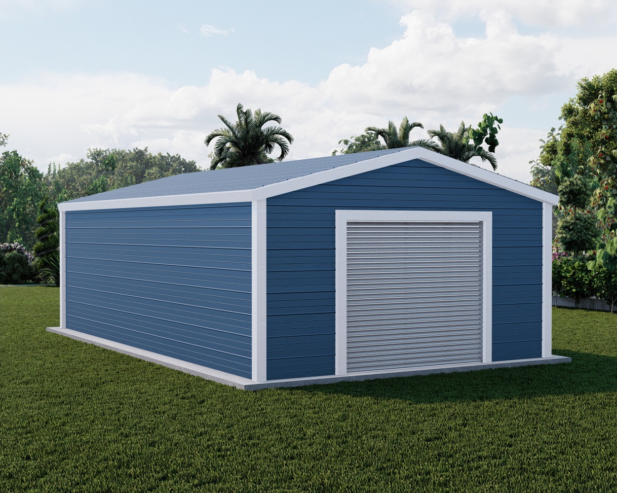 Boxed eave style A-frame enclosed metal garage priced from 12 ft to 24 ft wide and 21 ft to 31 ft long with free installation