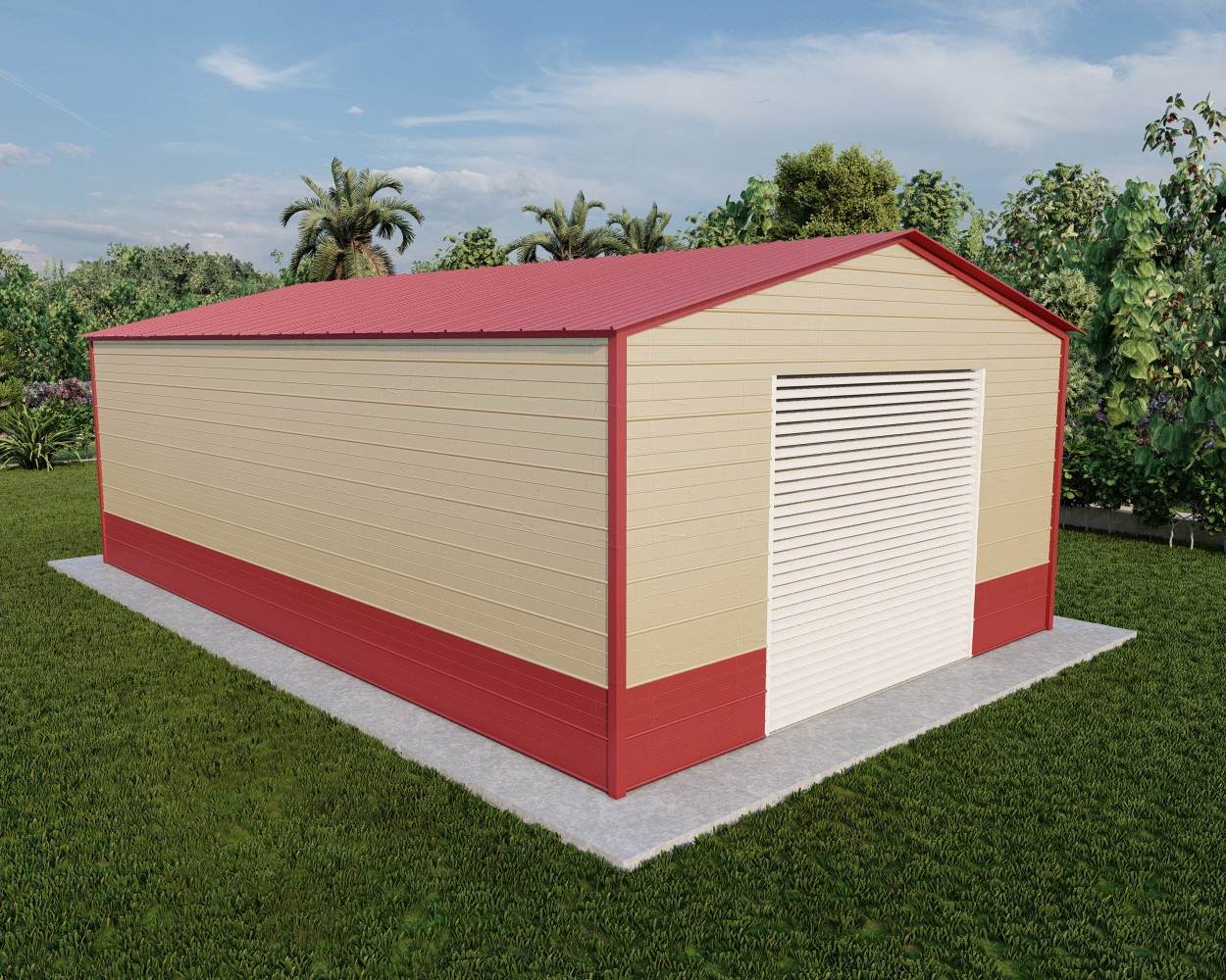 Vertical roof style fully enclosed metal building priced from 12 ft to 24 ft wide and up to 101 ft long with free installation