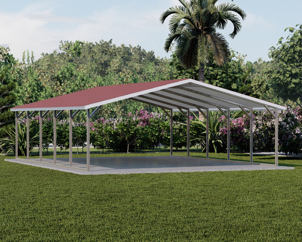 Boxed eave style A-frame metal carport priced from 12 ft to 24 ft wide and 21 ft to 36 ft long with free installation
