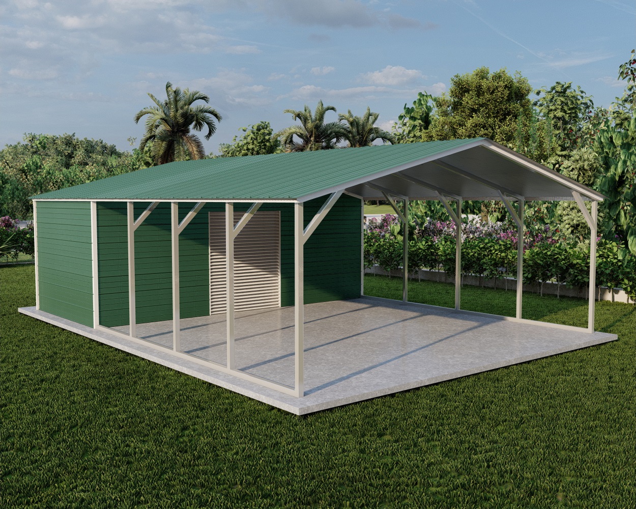 Vertical roof style metal carport with storage combo unit priced from 12 ft to 24 ft wide with free installation