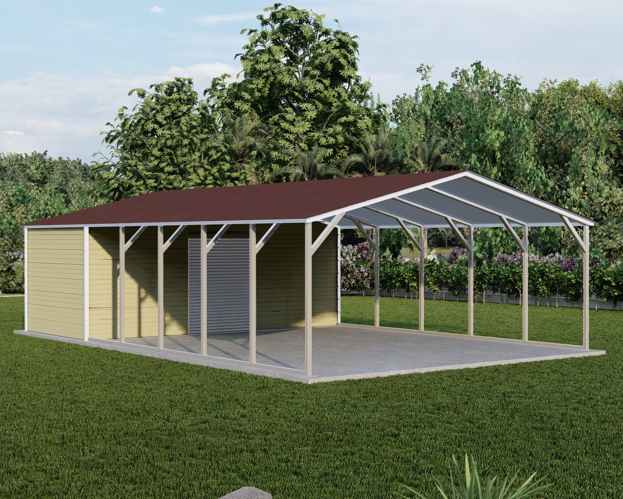 Boxed eave style metal carport with storage combo unit priced from 12 ft to 24 ft wide with free installation