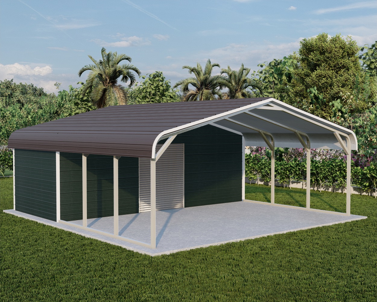 Regular style metal carport with storage combo unit priced from 12 ft to 24 ft wide with free installation