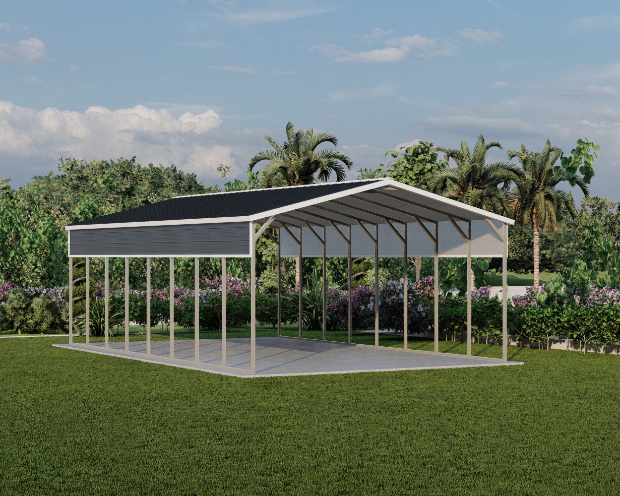 Vertical roof style metal RV cover priced from 12 ft to 24 ft wide with free installation