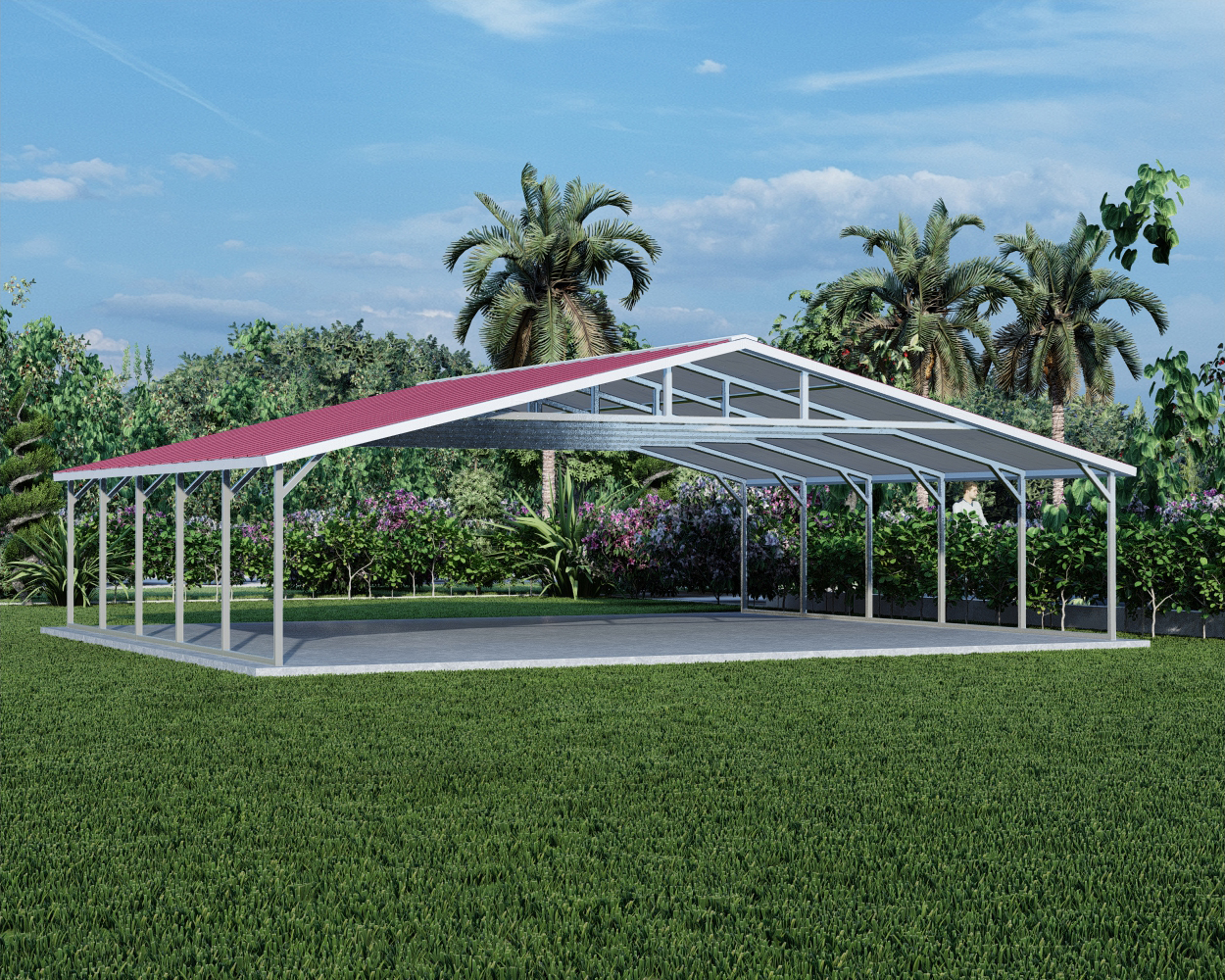 Boxed eave style triple wide metal carport priced from 26 ft to 30 ft wide and 21 ft to 36 ft long with free installation