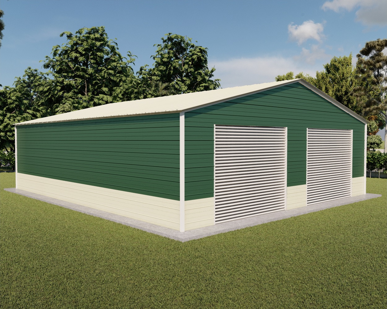Vertical roof style triple wide fully enclosed metal building priced from 26 ft to 30 ft wide with free installation