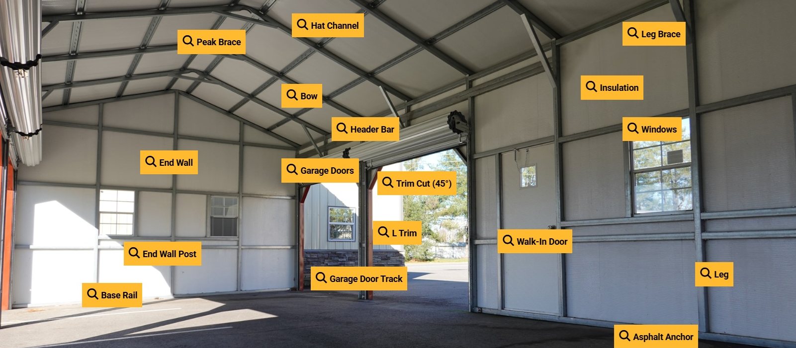 Inside a fully enclosed metal building - trusses, bows, hat channel, roll-up door, walk-in door, and framed windows