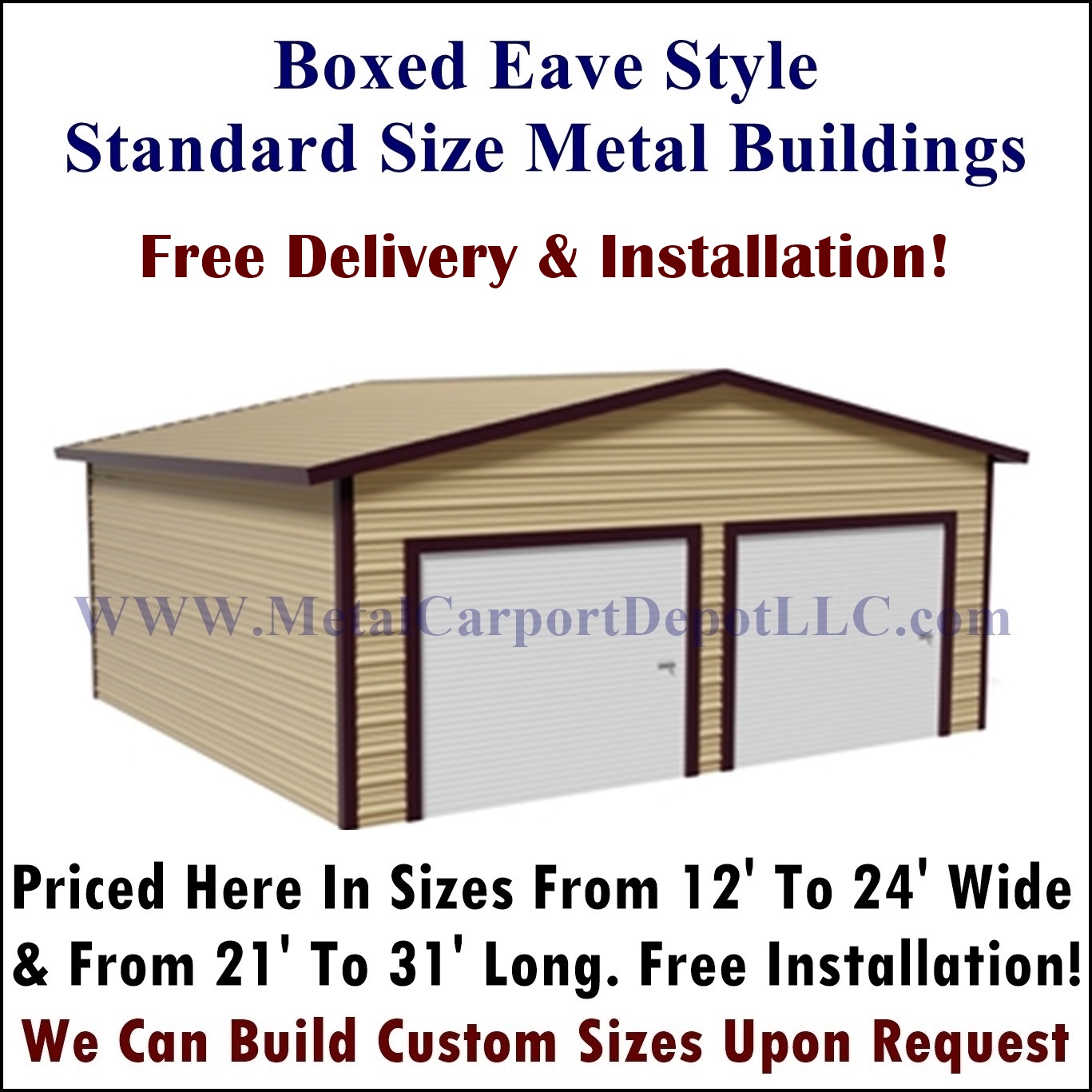 Boxed eave style A-frame fully enclosed metal building priced from 12 ft to 24 ft wide with free installation