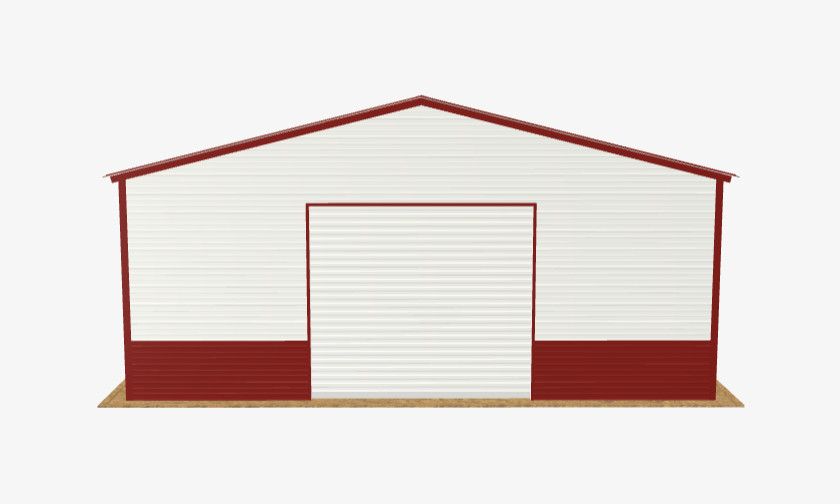Barn Red roof, White sides, Barn Red trim, Barn Red wainscot on a 24' x 25' metal garage with a white roll-up door