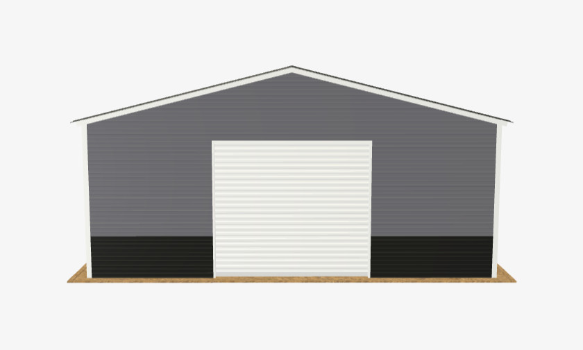 Black roof, Q. Gray sides, White trim, Black wainscot on a 24' x 25' metal garage with a white roll-up door