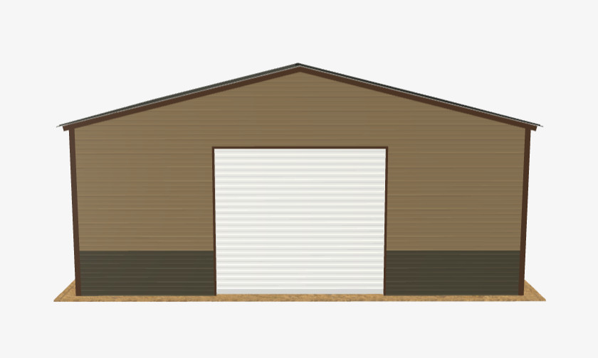 Burnished Slate roof, Tan sides, Brown trim, Burnished Slate wainscot on a 24' x 25' metal garage with a white roll-up door