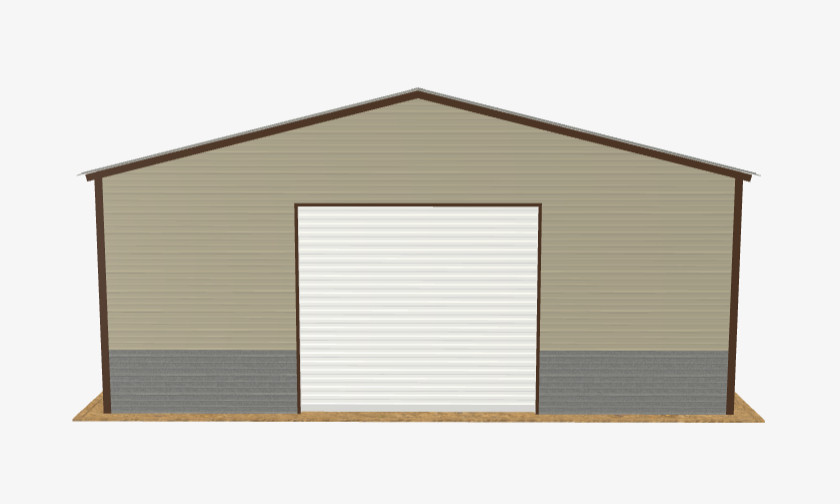 Galvalume roof, Clay sides, Brown trim, Galvalume wainscot on a 24' x 25' metal garage with a white roll-up door