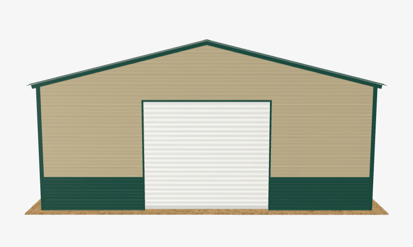 Green roof, Beige sides, Green trim, Green wainscot on a 24' x 25' metal garage with a white roll-up door