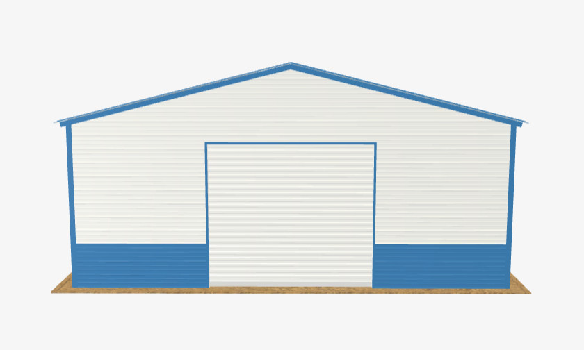 Slate Blue roof, White sides, Slate Blue trim, Slate Blue wainscot on a 24' x 25' metal garage with a white roll-up door